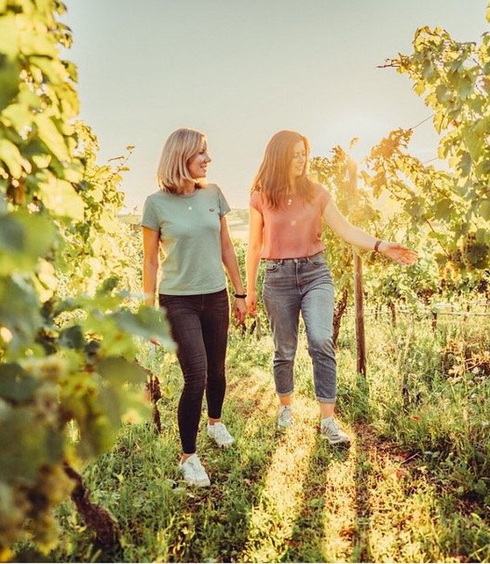 2 Damen bei einer Weinwanderung im Weinberg