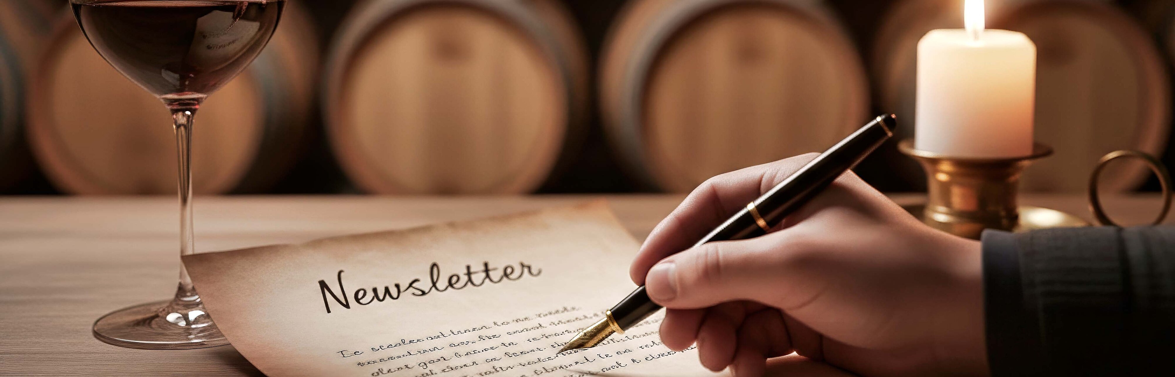 Ein Brief wird geschrieben vor einem Hintergrund aus Holzfässern