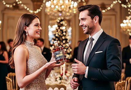 Eine Frau beschenkt einen Mann bei einer festlichen Gelegenheit mit einem Eberbach-Schäfer Destillat.